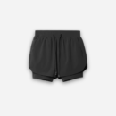 Black 2-in-1 shorts with drawcord waistband, curved split hem and visible inner compression liner