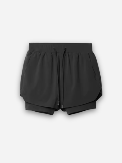Black 2-in-1 shorts with drawcord waistband, curved split hem and visible inner compression liner