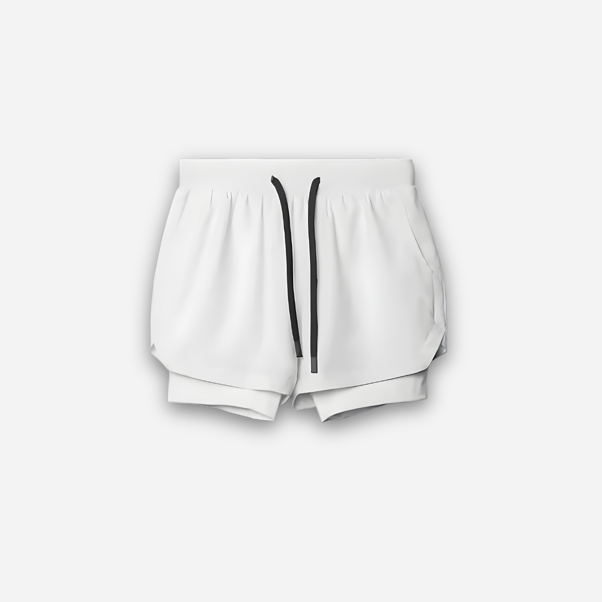 White 2-in-1 training shorts with black drawcord and inner liner