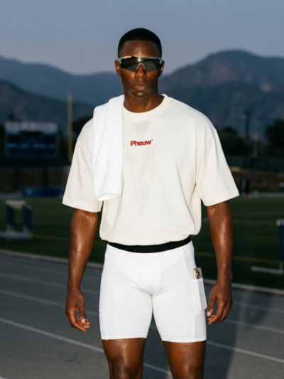 Athlete wearing white compression shorts, an oversized cream Pheuw tee and sport sunglasses on a running track