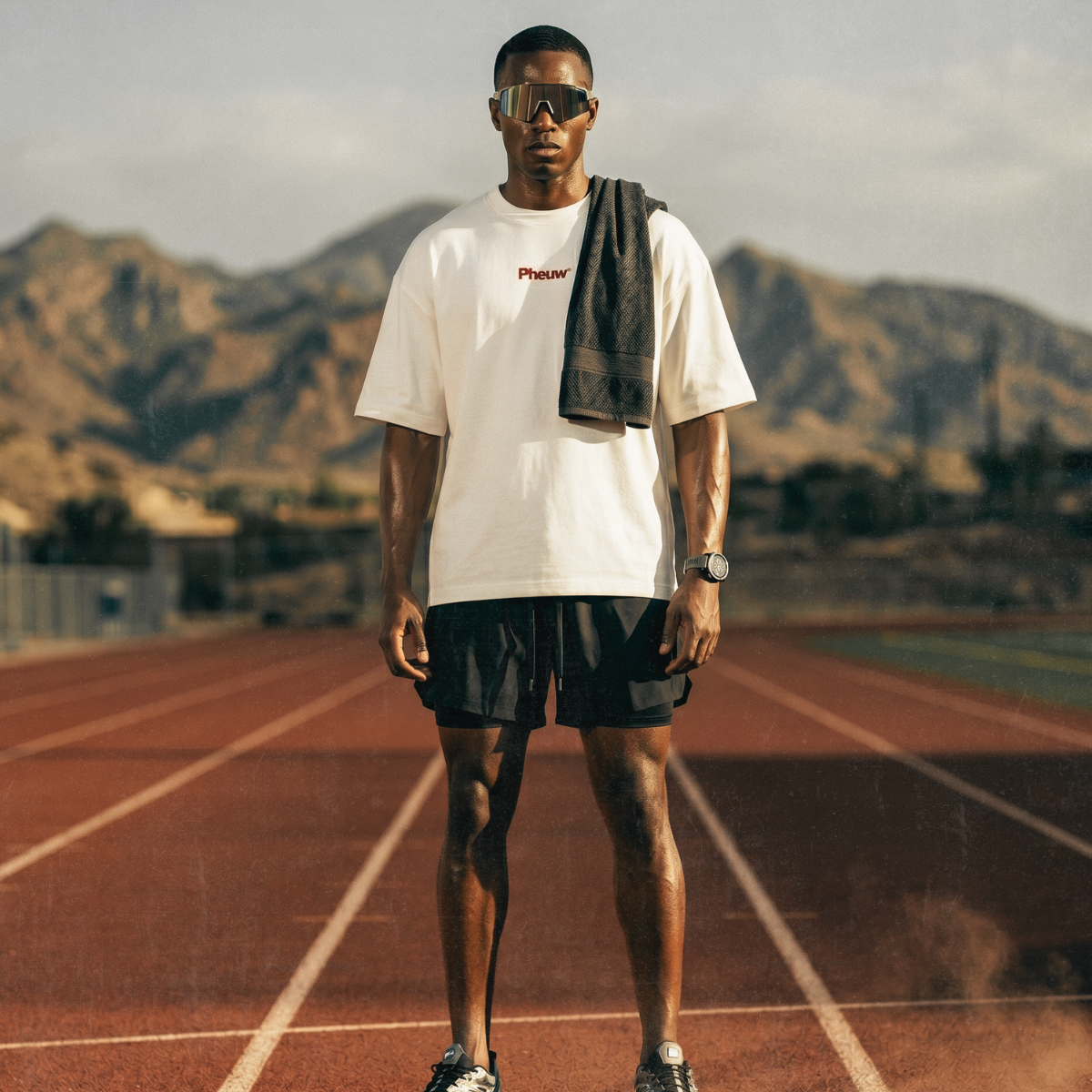 Athlete on a running track wearing black Kinetic 2-in-1 Shorts, a cream Pheuw tee and sport sunglasses