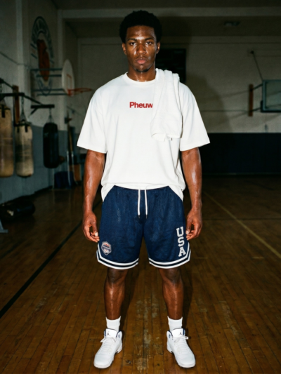 Man in a gym wearing navy USA Hardcourt Shorts, a white Pheuw tee and white trainers