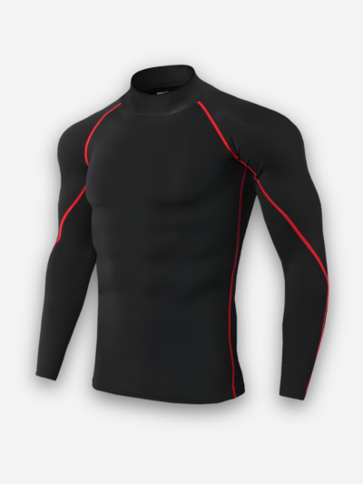 Black long-sleeve compression top with red lines along the raglan and side seams