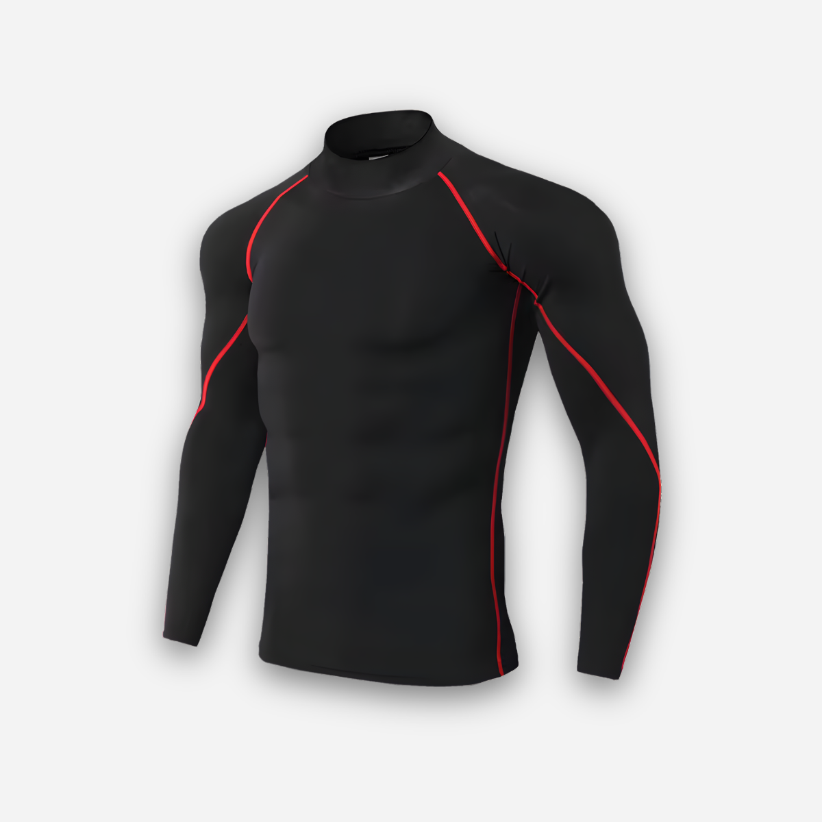 Black long-sleeve compression top with red lines along the raglan and side seams