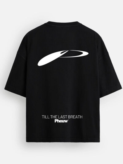 Back of the black oversized T-shirt with a large white graphic and Till the Last Breath print