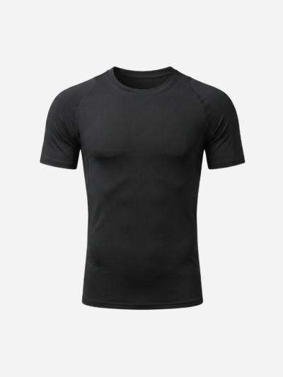 Black short-sleeve mens compression shirt with crewneck and raglan sleeves