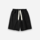 Black mens sweat shorts with white flat drawstrings and a raw-edge hem