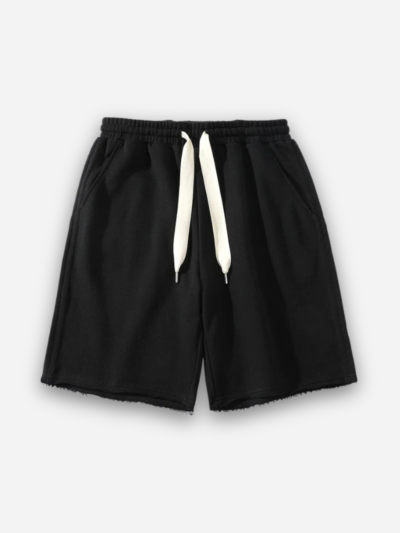 Black mens sweat shorts with white flat drawstrings and a raw-edge hem