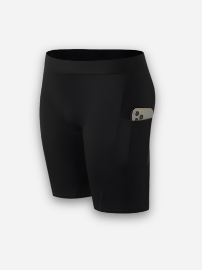 Black compression shorts with a deep side pocket holding a smartphone