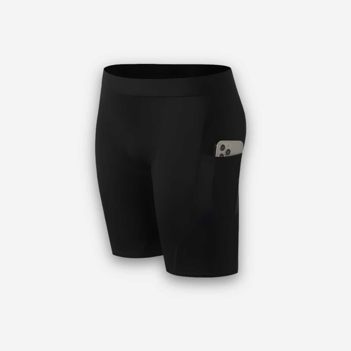 Black compression shorts with a deep side pocket holding a smartphone