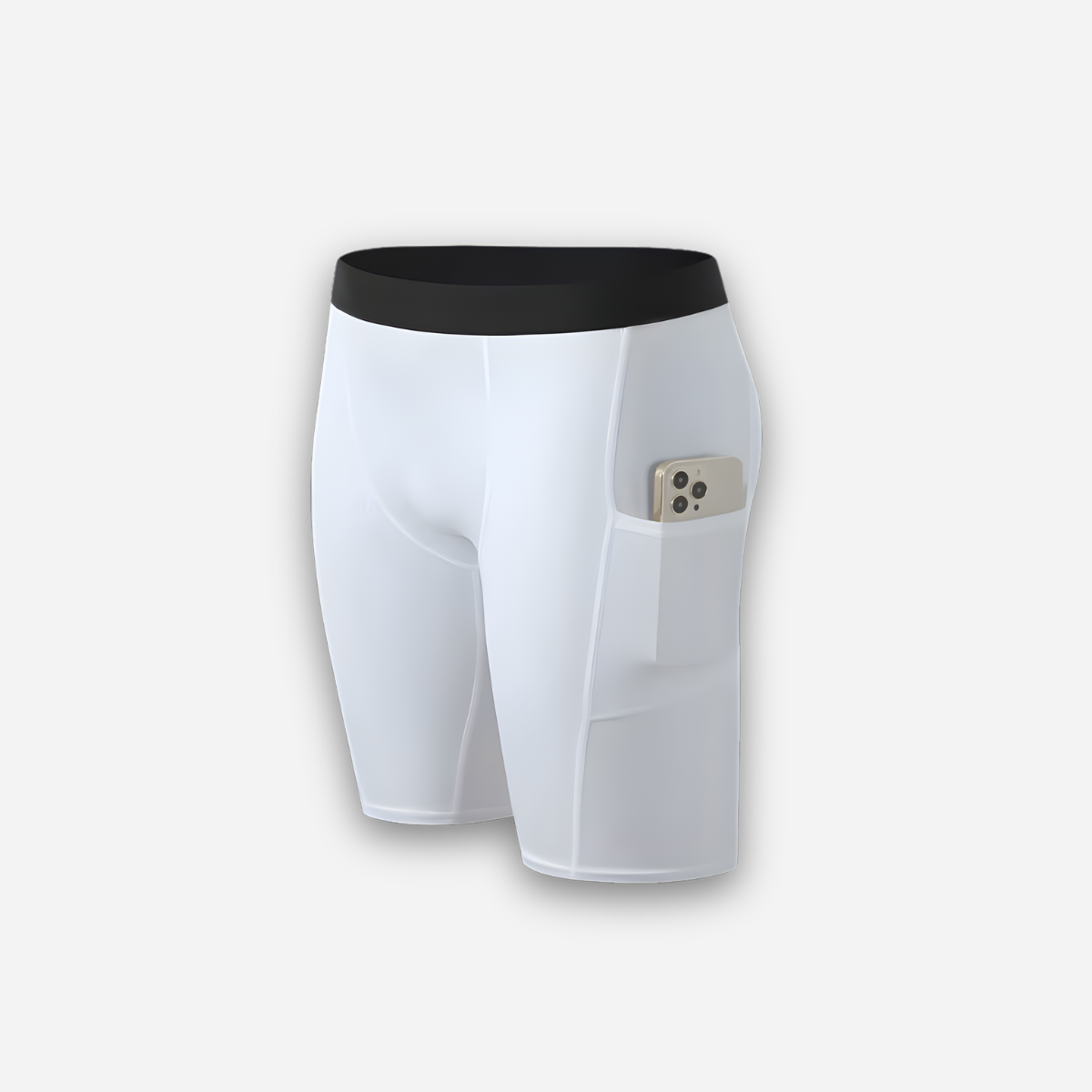White compression shorts with a black waistband and a phone in the side pocket
