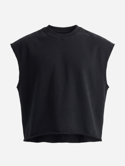 Black heavyweight mens tank top with a boxy cropped cut, crew neck and raw-edge armholes