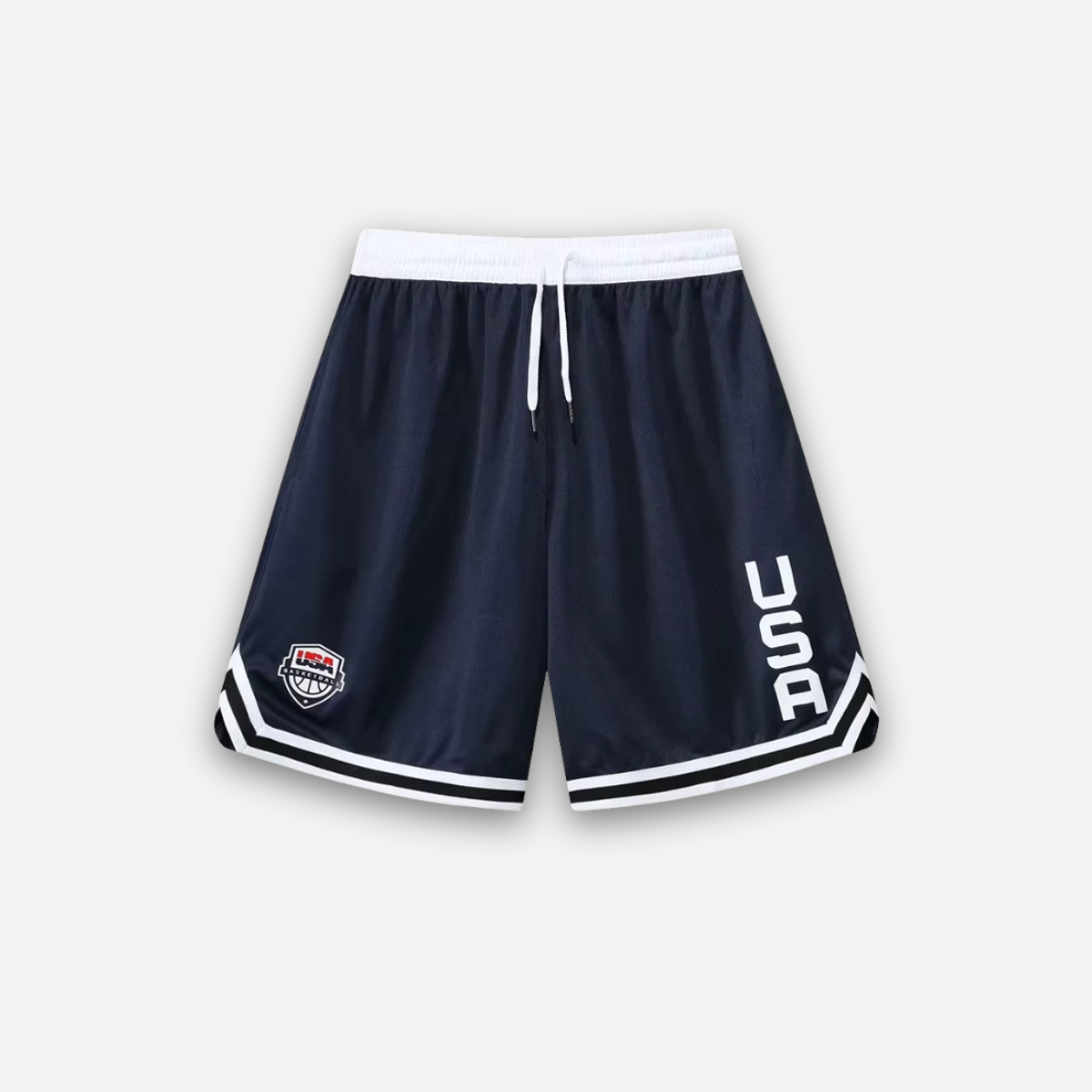 Navy mesh basketball shorts with white waistband, USA lettering and striped hems