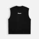 Black sleeveless muscle tee with a small white Pheuw logo on the chest
