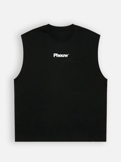 Black sleeveless muscle tee with a small white Pheuw logo on the chest