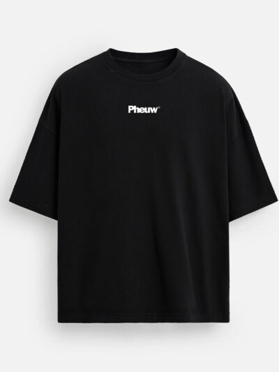 Black oversized tee with dropped shoulders and a small white Pheuw logo on the chest