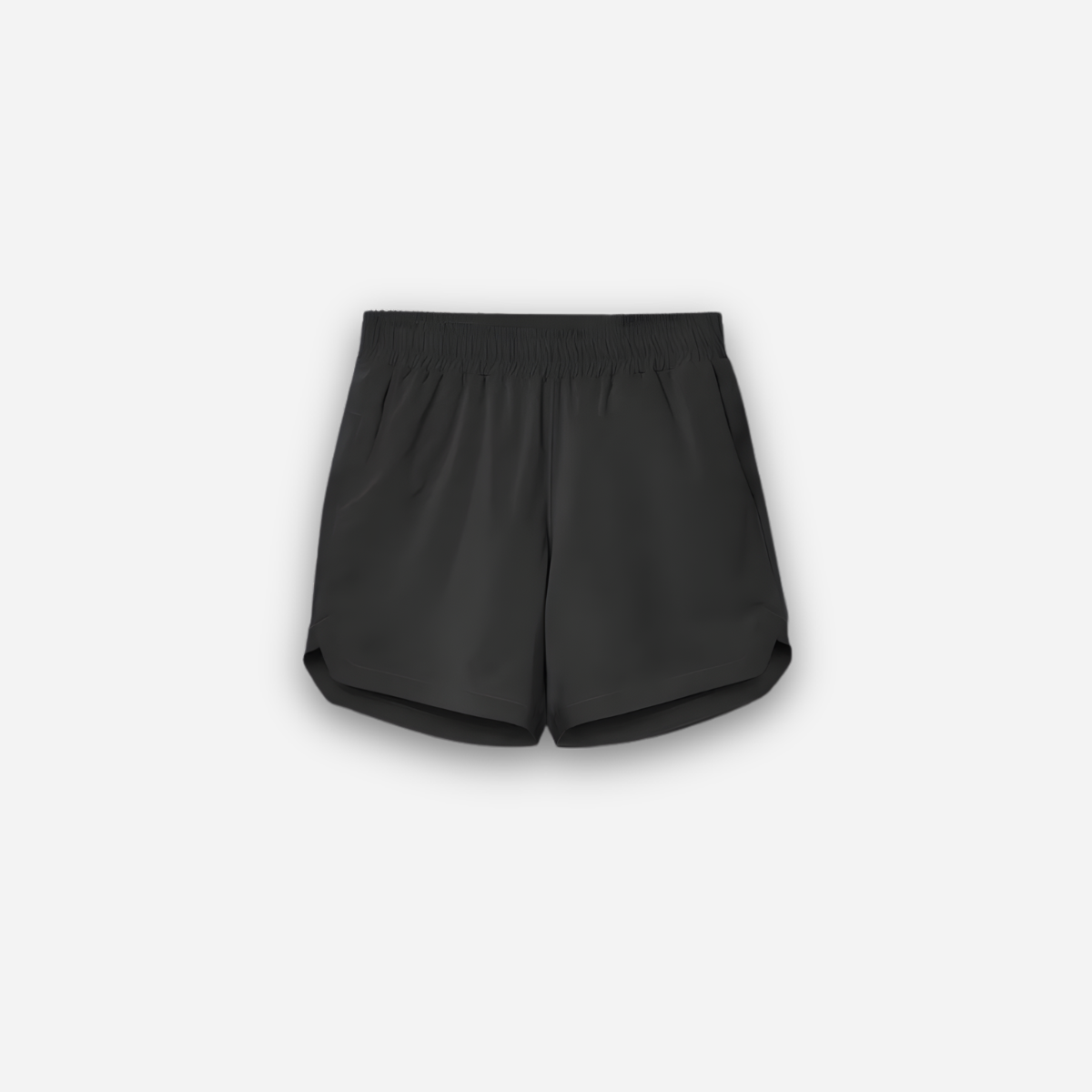 Black mens running shorts with an elastic waistband and curved split hem